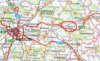м. Олесько на мапі Лівівсько області